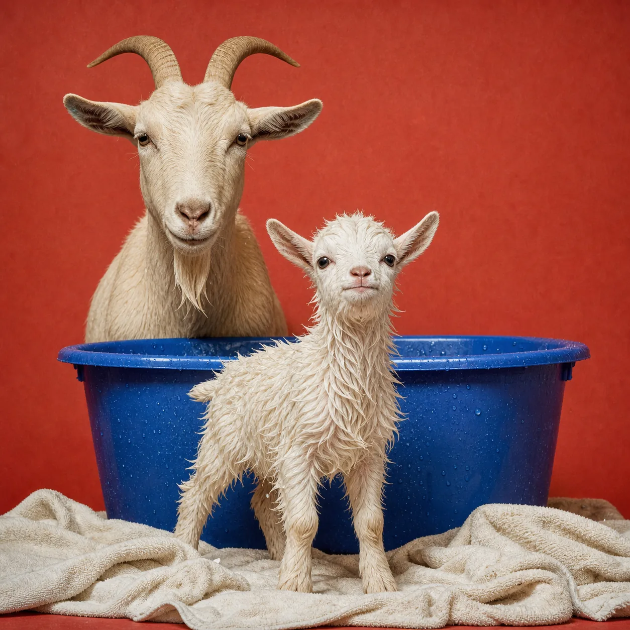 The washed baby goat stands confidently after the bath