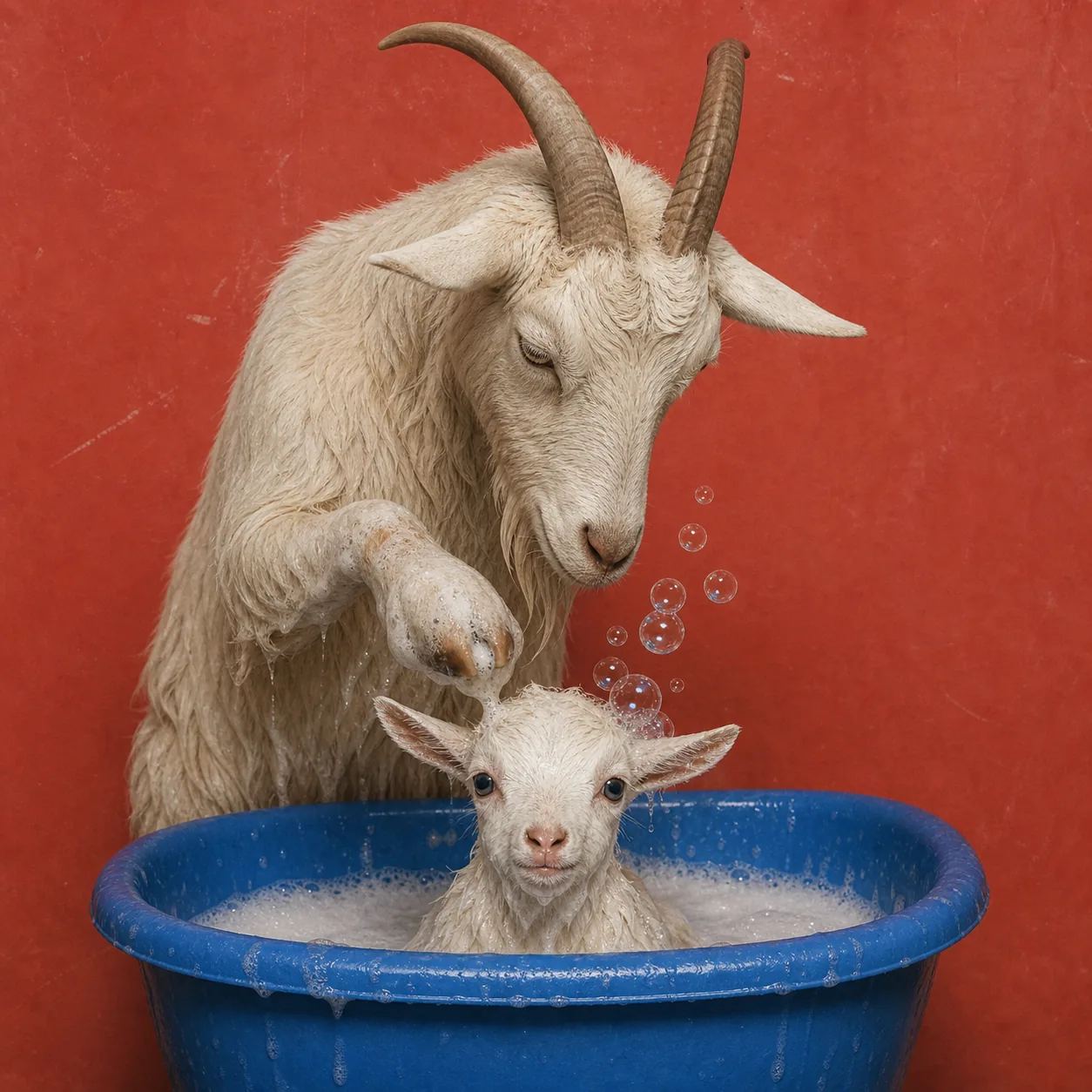 The old goat washing the baby goat while the aura transfer remains pending