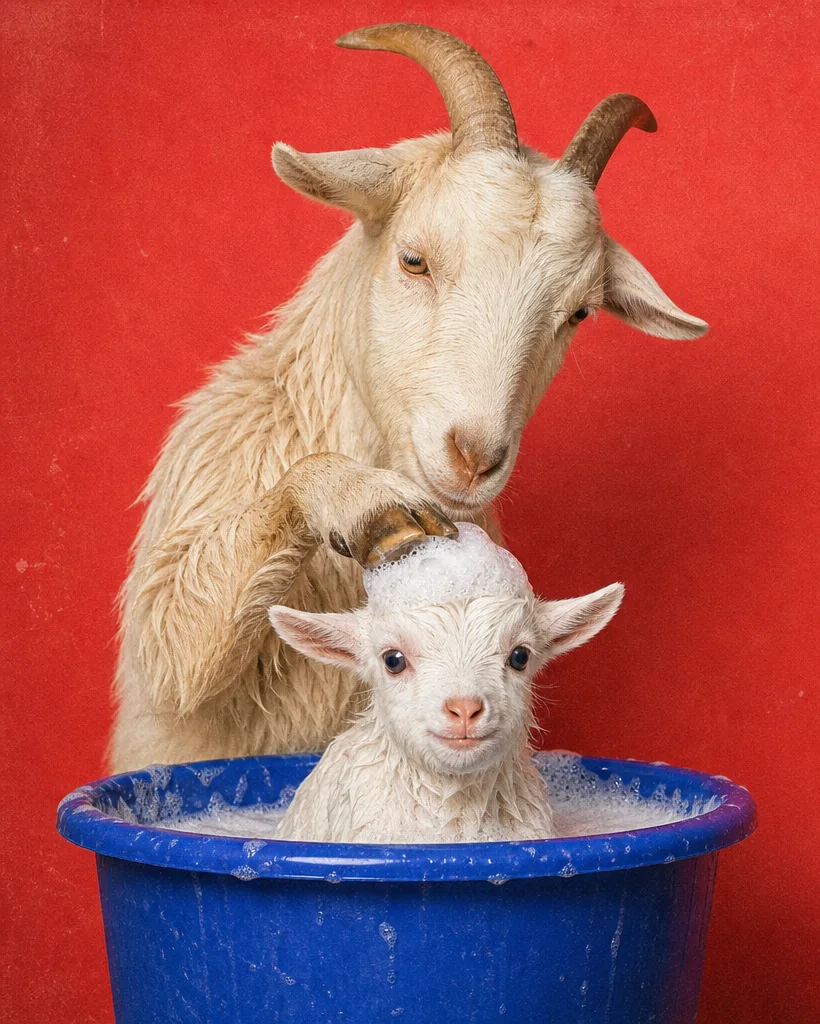 An old horned goat carefully bathing a baby goat in a cobalt-blue plastic tub