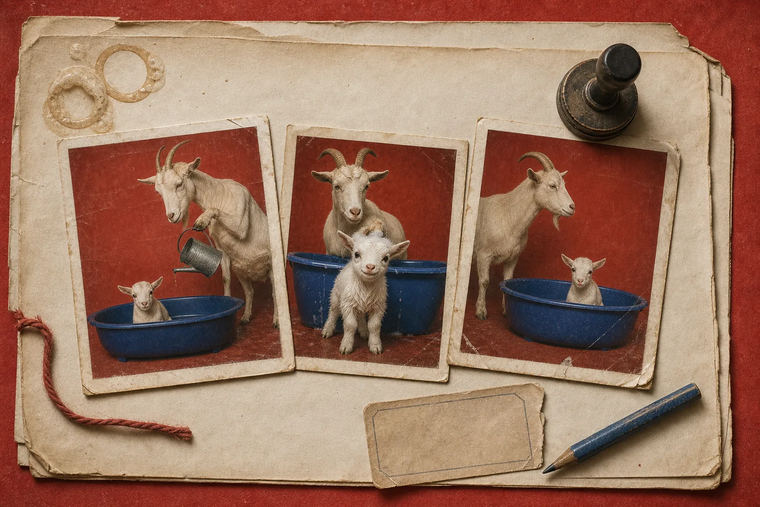 Three rediscovered archive photographs of the old goat, baby goat and blue bathtub