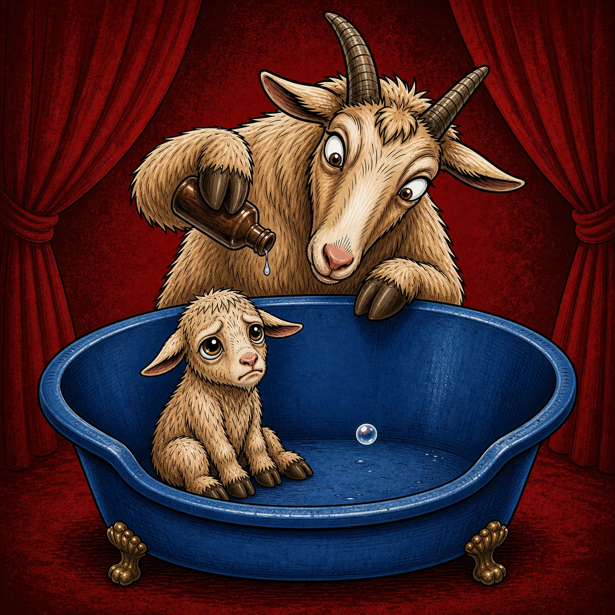 The old goat pours the final drop into an almost empty blue tub