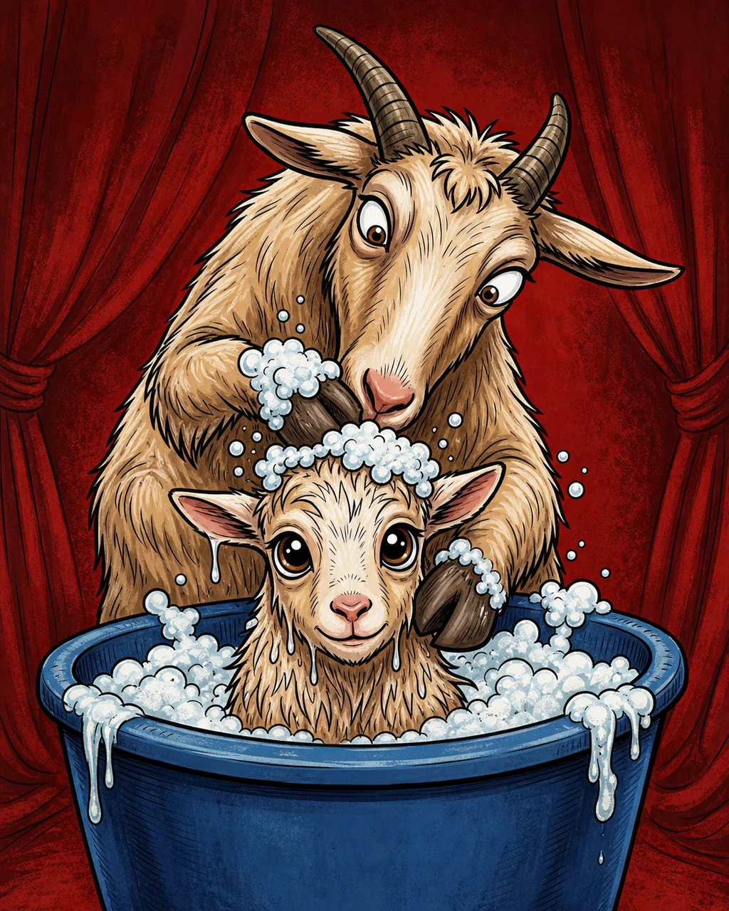 Comic illustration of an old horned goat carefully bathing a baby goat in a cobalt-blue tub