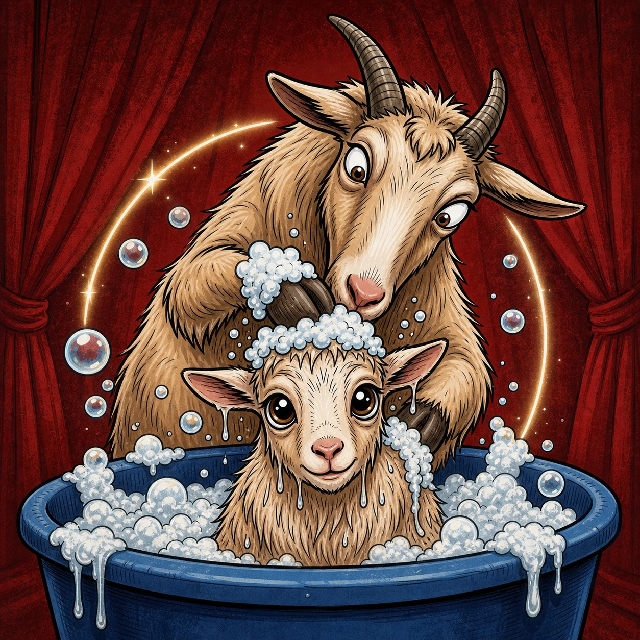 The old goat washing the baby goat while the aura transfer remains pending