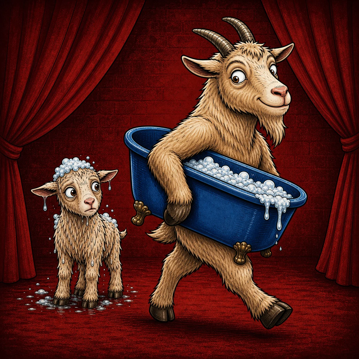 The old goat carries away the blue tub while the baby goat waits
