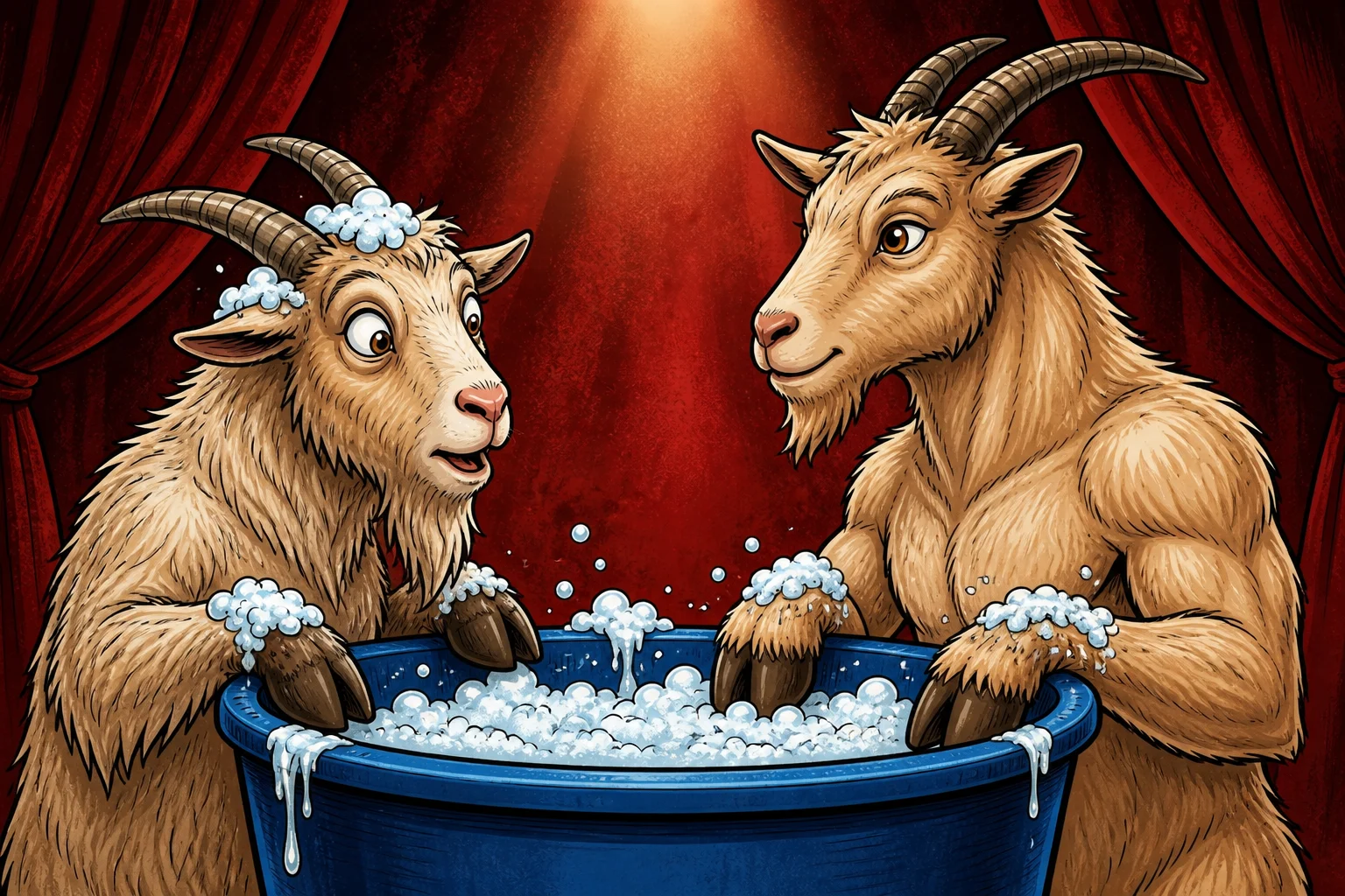 The old GOAT and the grown next GOAT meet across the same blue bathtub