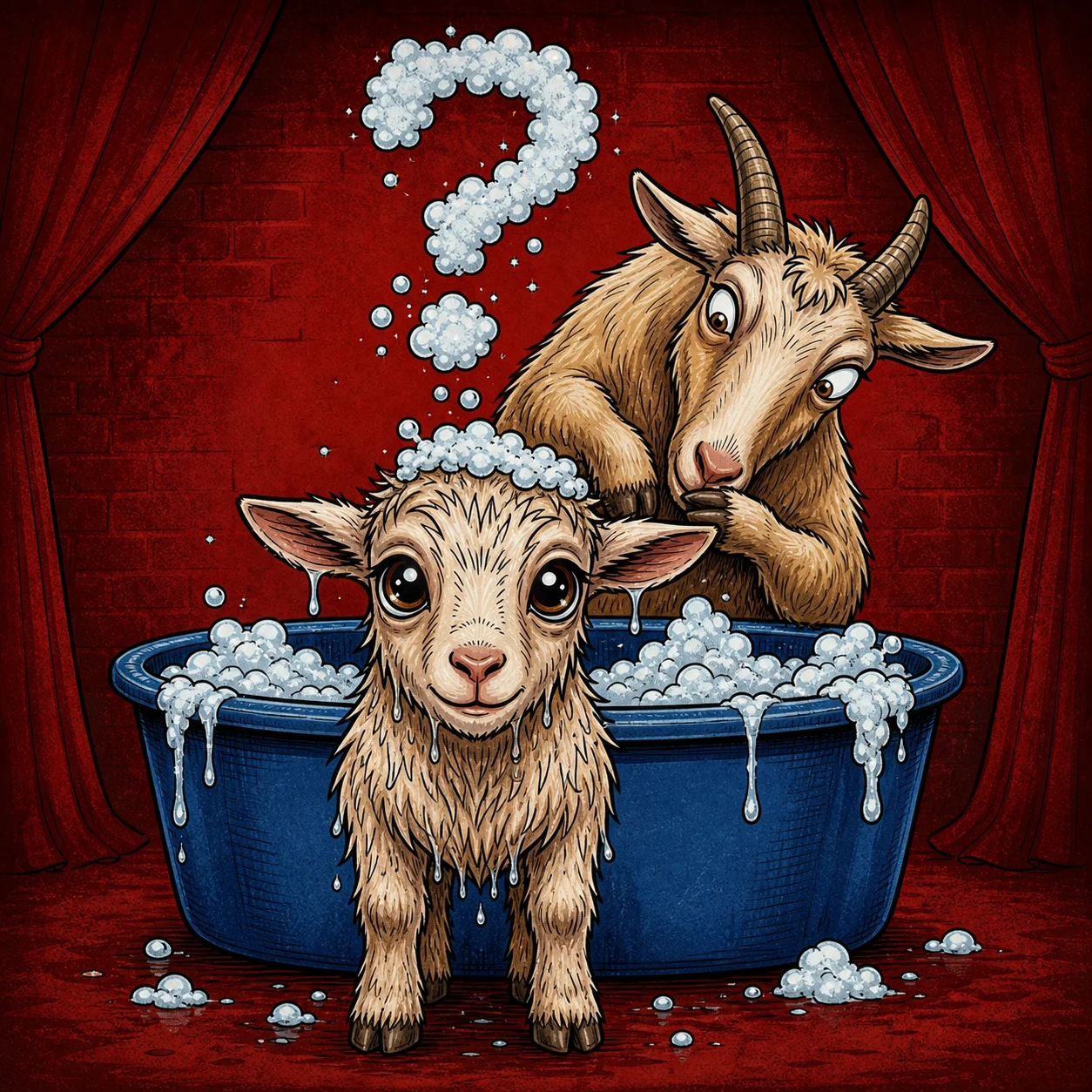 A baby goat waits in front of the old goat and the blue bathtub