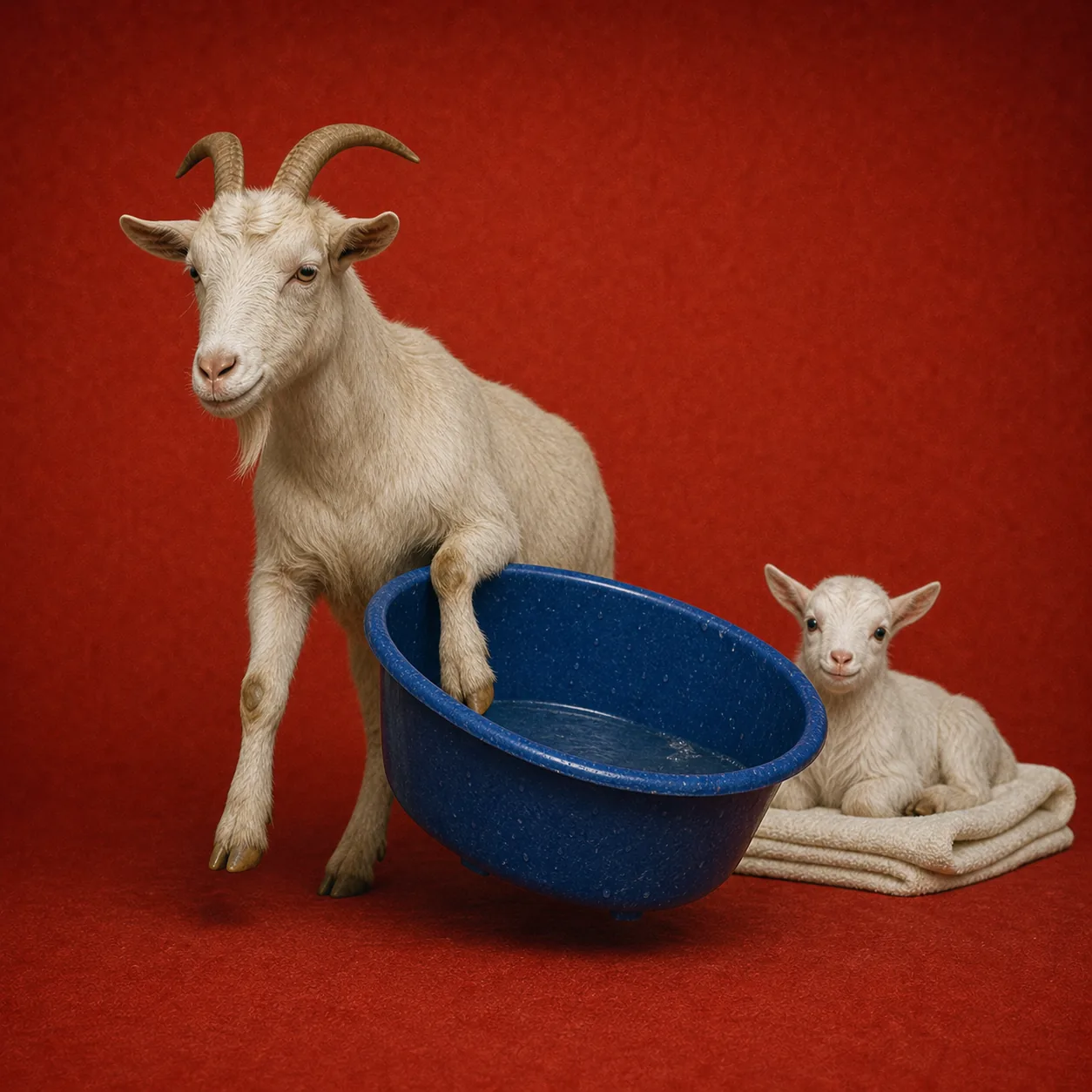 The old goat carries away the blue tub while the baby goat waits