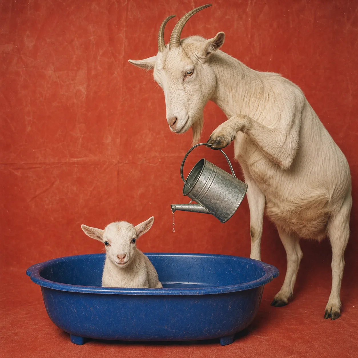 The old goat pours the final drop into an almost empty blue tub