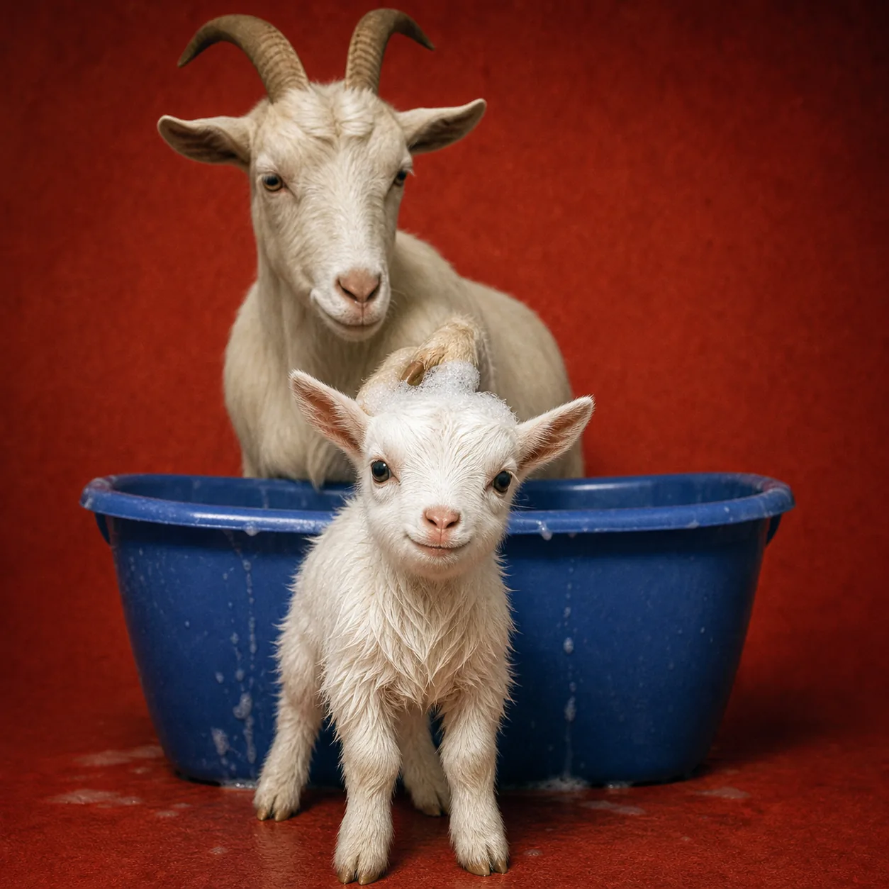 A baby goat waits in front of the old goat and the blue bathtub